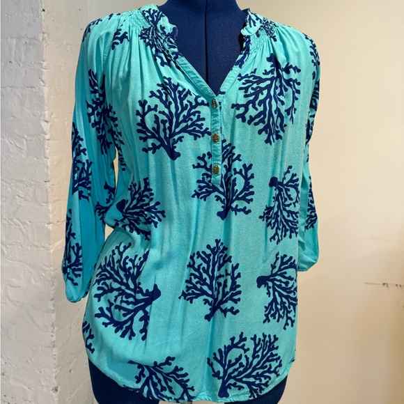 Escapada Coral Print Blue & Turquoise Blouse - Picture 1 of 7